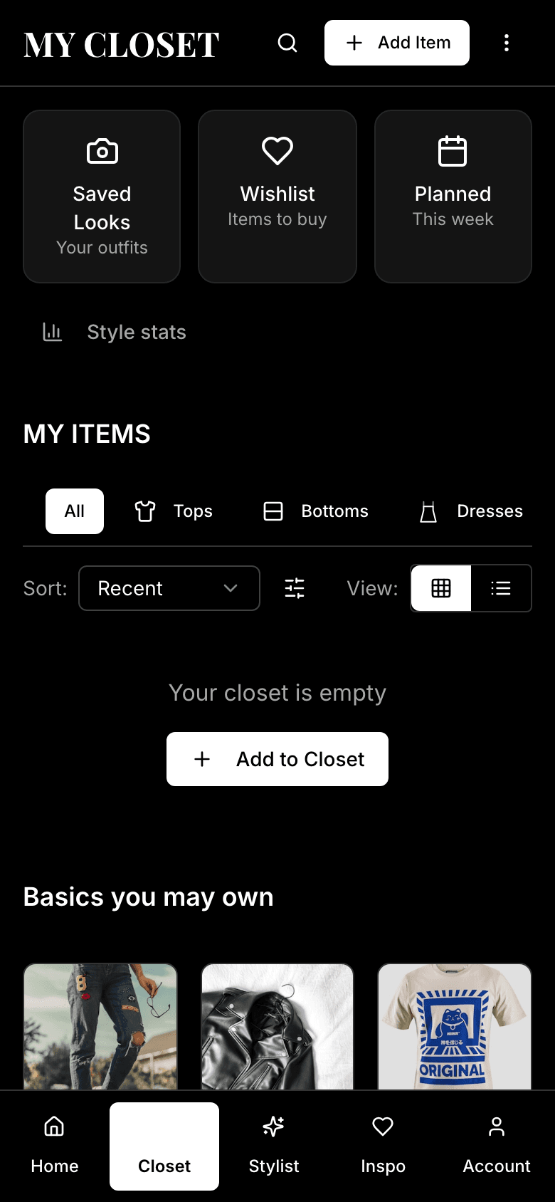 My Closet: saved looks, wishlist, planner, items by category