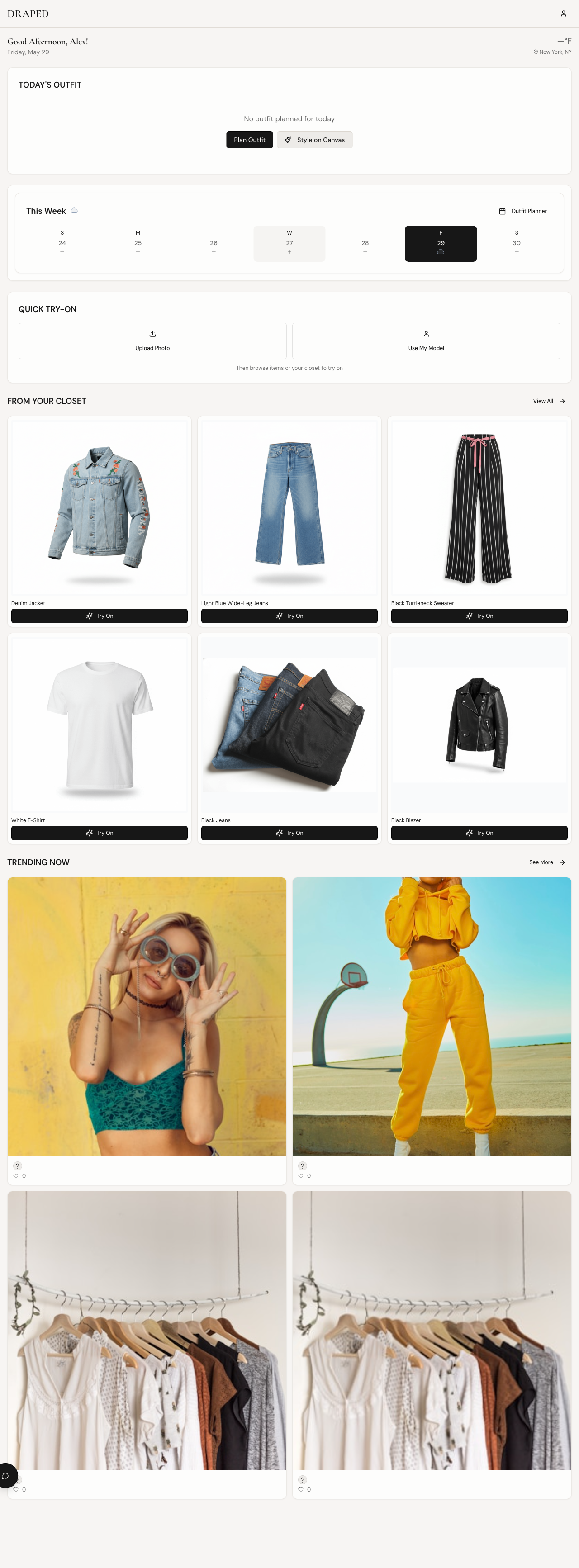 The Draped home screen: today's outfit, this week's planner, and closet items ready to try on.