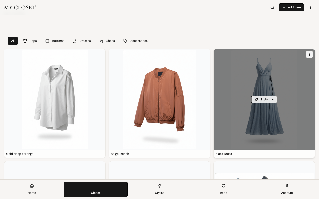 A closet grid showing a white button-down, a beige trench, and a navy gown among the saved pieces.