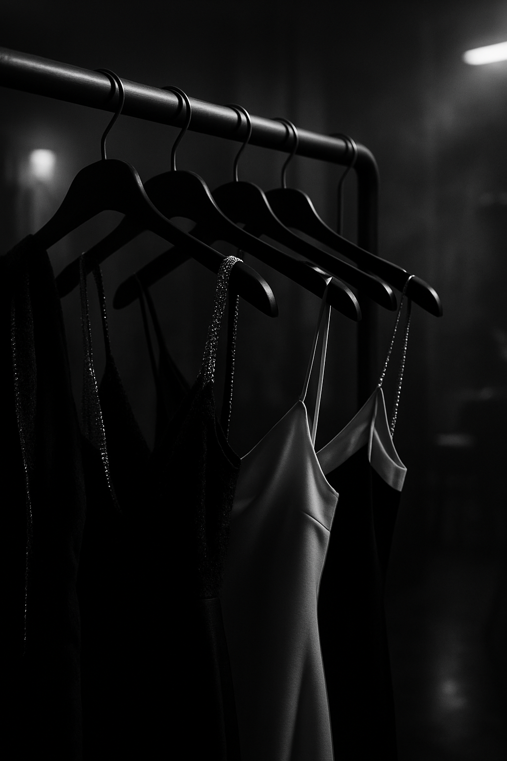A rack of slip and cocktail dresses hanging under warm light — the kind of edit a wedding-guest fitting starts from.