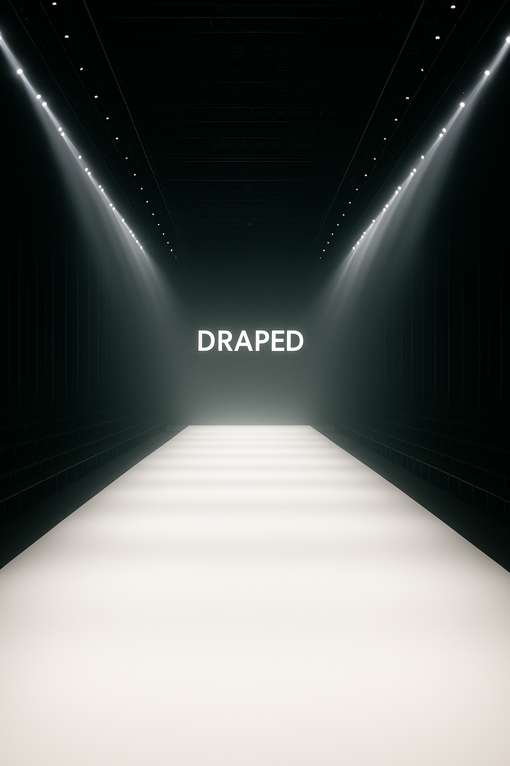 An empty runway lit from both sides, the DRAPED wordmark glowing at the end of the walkway.