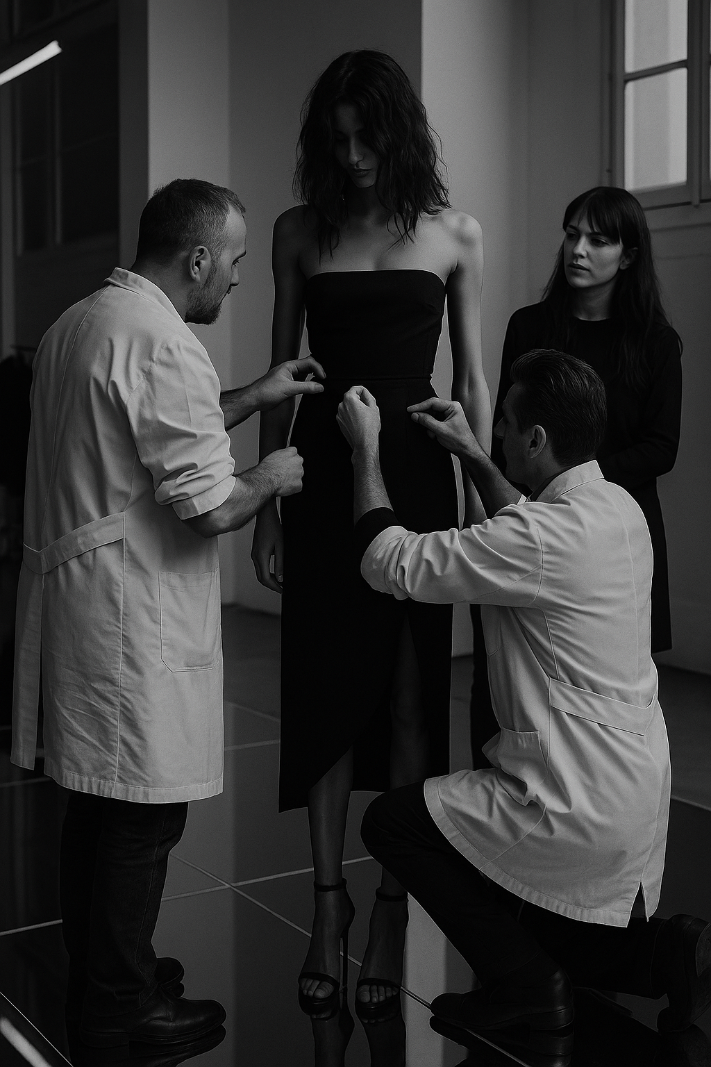 A fitting session: two stylists adjusting a strapless black dress on a model in a bright studio.