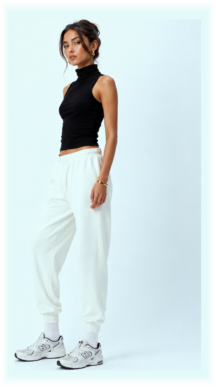 A Draped virtual try-on render: a black sleeveless turtleneck, white joggers, and sneakers on a plain background.